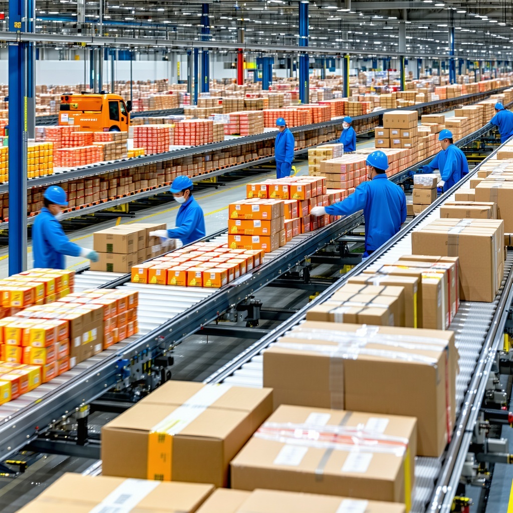 The image depicts a busy logistics hub with a wide array of small parcels being sorted and prepared for shipment Brightly colored boxes of various sizes are neatly stacked on conveyor belts while workers in blue uniforms carefully label packages for
